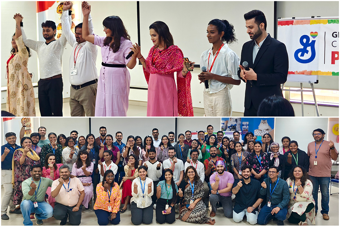 A group of people celebrating Mumbai Queer Azadi Month, posing together for a picture with smiles and pride.