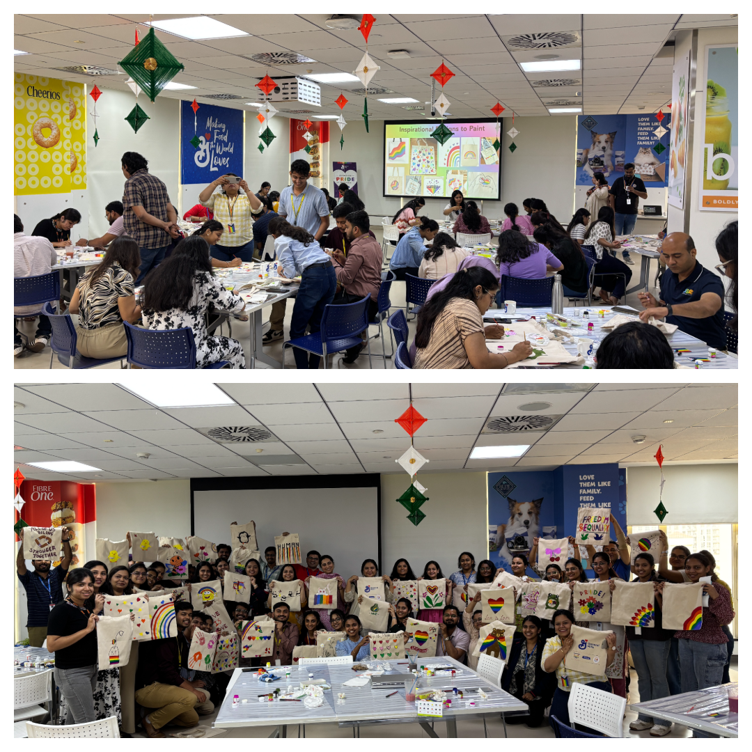 A collage of two photos from an indoor craft workshop. The top photo shows a large group of participants seated at tables, painting and decorating cloth bags with colorful designs. The room is decorated with hanging ornaments, and a presentation screen at the front displays drawings featuring rainbows and Pride-themed art. The bottom photo shows the same group standing together and holding up their finished cloth bags, each decorated with different rainbow patterns, symbols, and creative artwork. The tables in the foreground are covered with art supplies and craft materials.