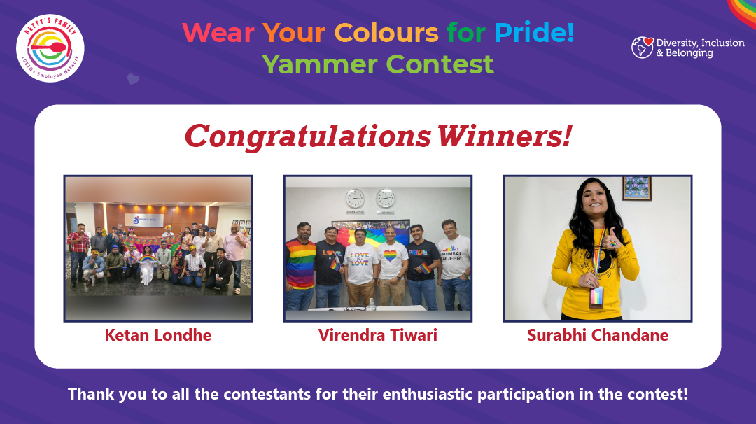 A celebratory contest announcement graphic titled “Wear Your Colours for Pride! Yammer Contest.” The design features a purple background with rainbow accents and logos for “Diversity, Inclusion & Belonging” and “Unity’s Family.” In the center, bold text reads “Congratulations Winners!” Below this, three framed photos show groups and individuals wearing Pride-themed clothing or holding items. Each photo is labeled with a name: Ketan Londhe, Virendra Tiwari, and Surabhi Chandane. At the bottom, a message thanks all contestants for their enthusiastic participation in the contest.